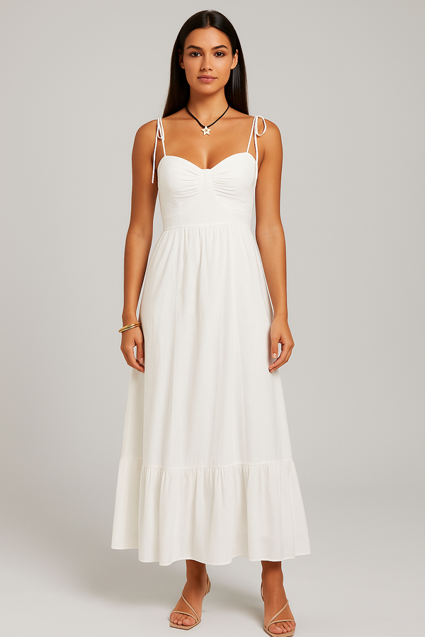 Vestido Midi Branco com Busto Drapeado e Alças de Amarrar – Acácia
