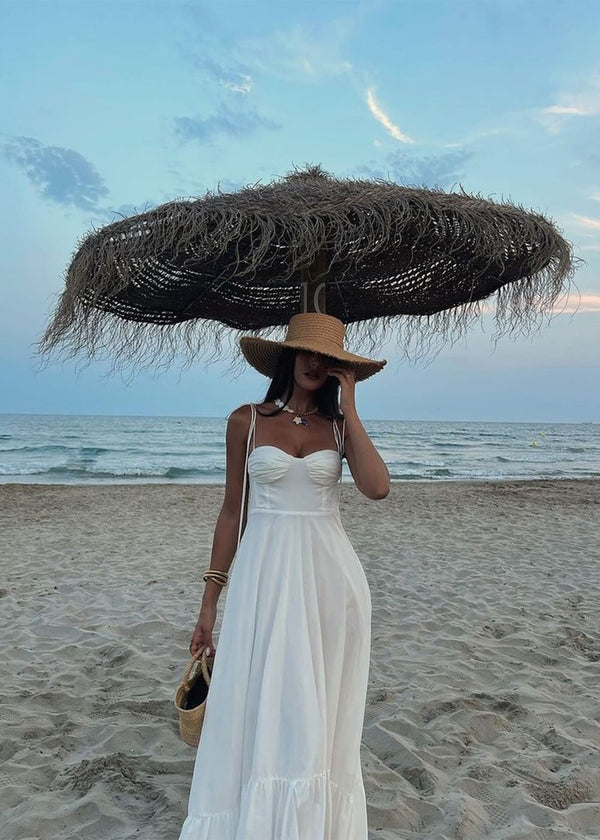 Vestido Midi Branco com Busto Drapeado e Alças de Amarrar – Acácia