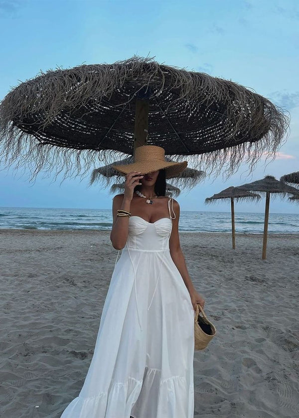 Vestido Midi Branco com Busto Drapeado e Alças de Amarrar – Acácia