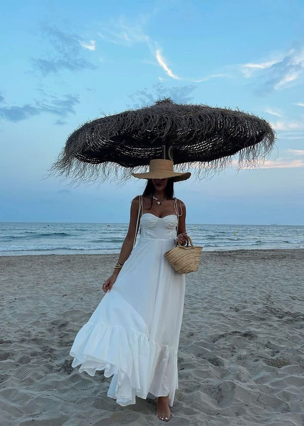 Vestido Midi Branco com Busto Drapeado e Alças de Amarrar – Acácia