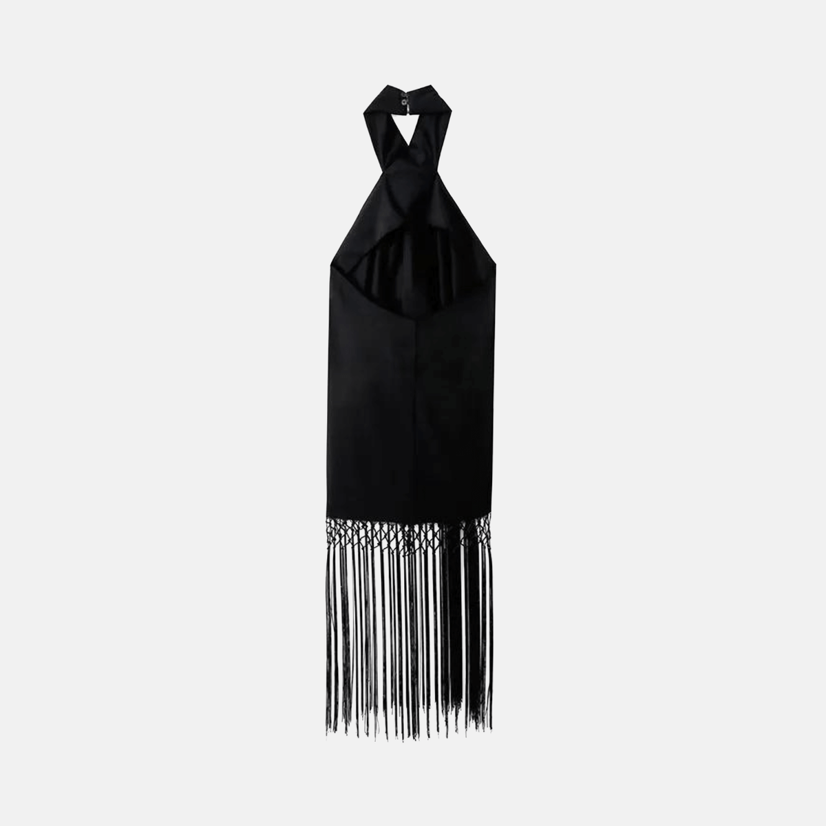 Vestido Midi Preto com Gola Halter e Franjas Longas Vazadas – Renata