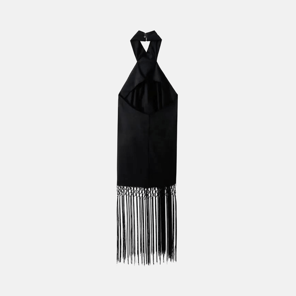 Vestido Midi Preto com Gola Halter e Franjas Longas Vazadas – Renata