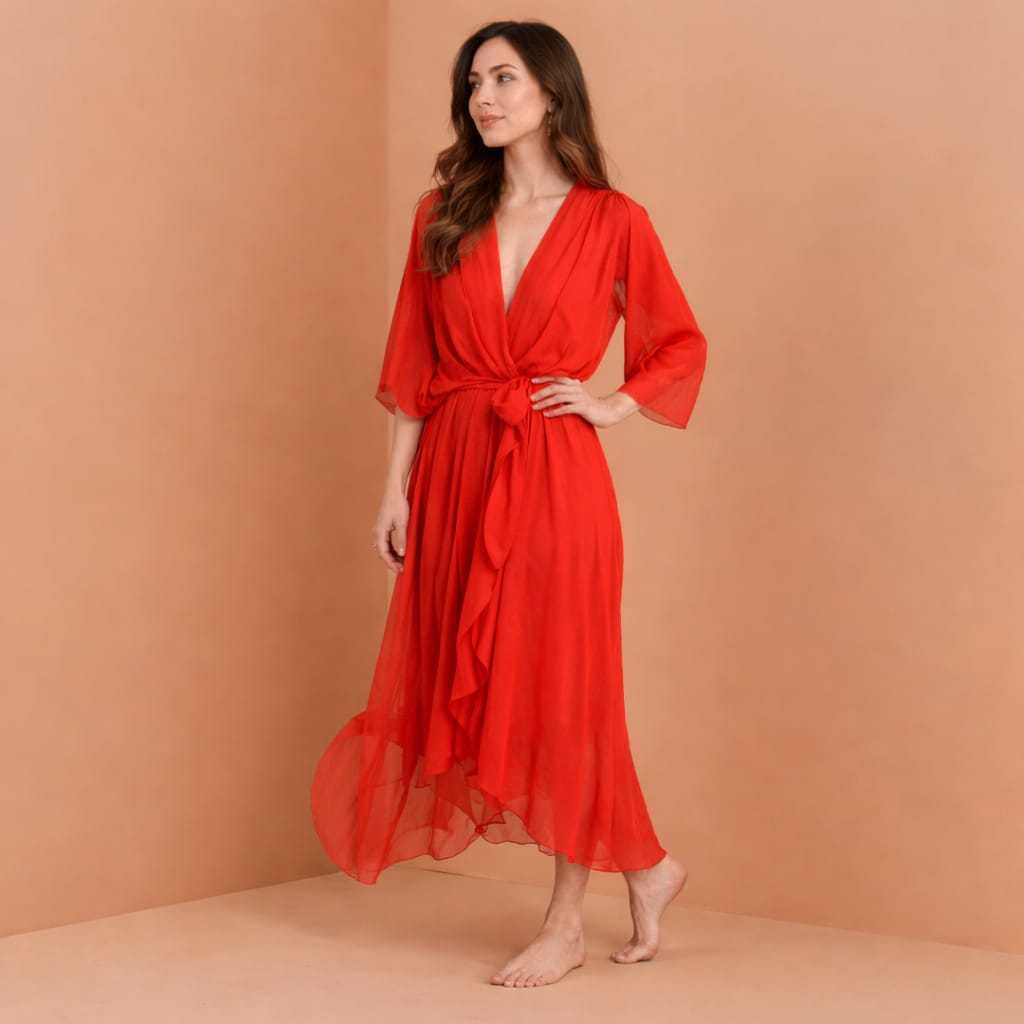 Vestido Midi de Festa Transpassado Fluido com Babados – Angelina