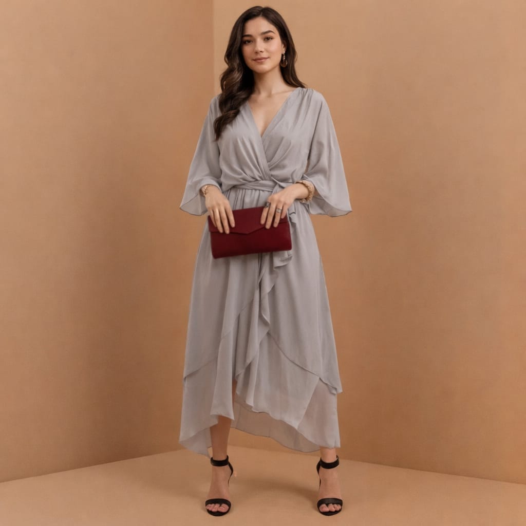 Vestido Midi de Festa Transpassado Fluido com Babados – Angelina