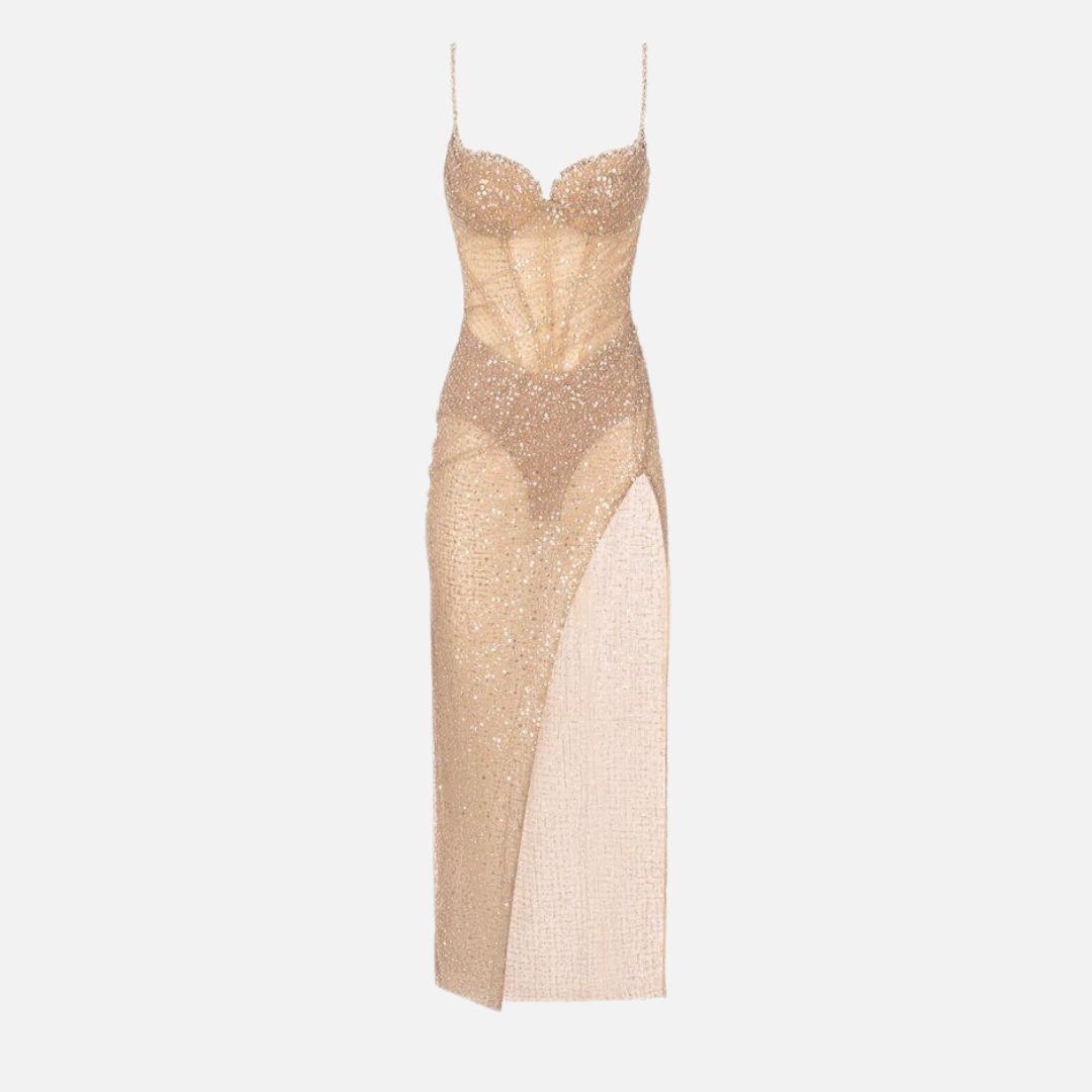 Vestido de Festa Midi Dourado com Brilho e Corset Transparente – Novarina