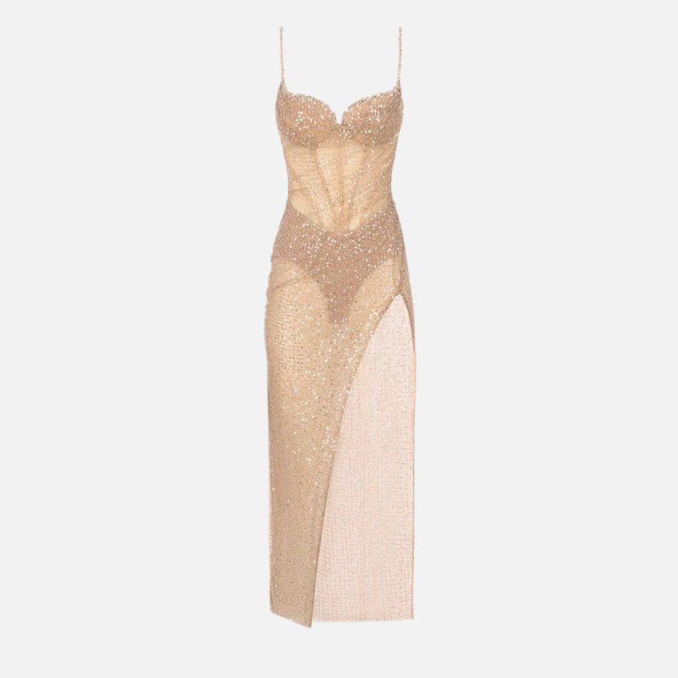 Vestido de Festa Midi Dourado com Brilho e Corset Transparente – Novarina