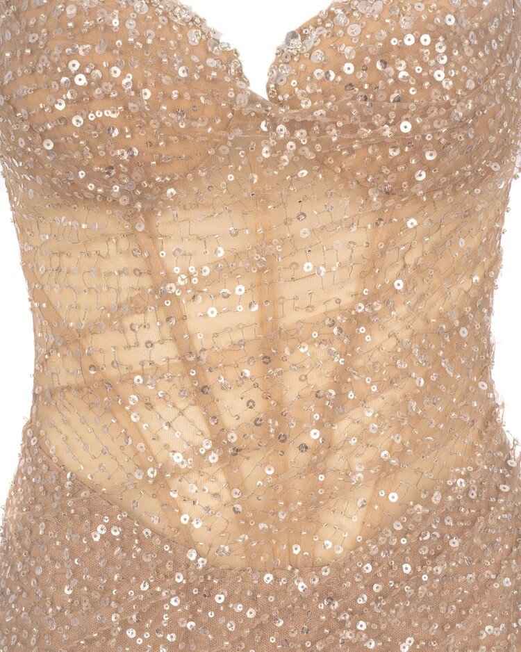 Vestido de Festa Midi Dourado com Brilho e Corset Transparente – Novarina