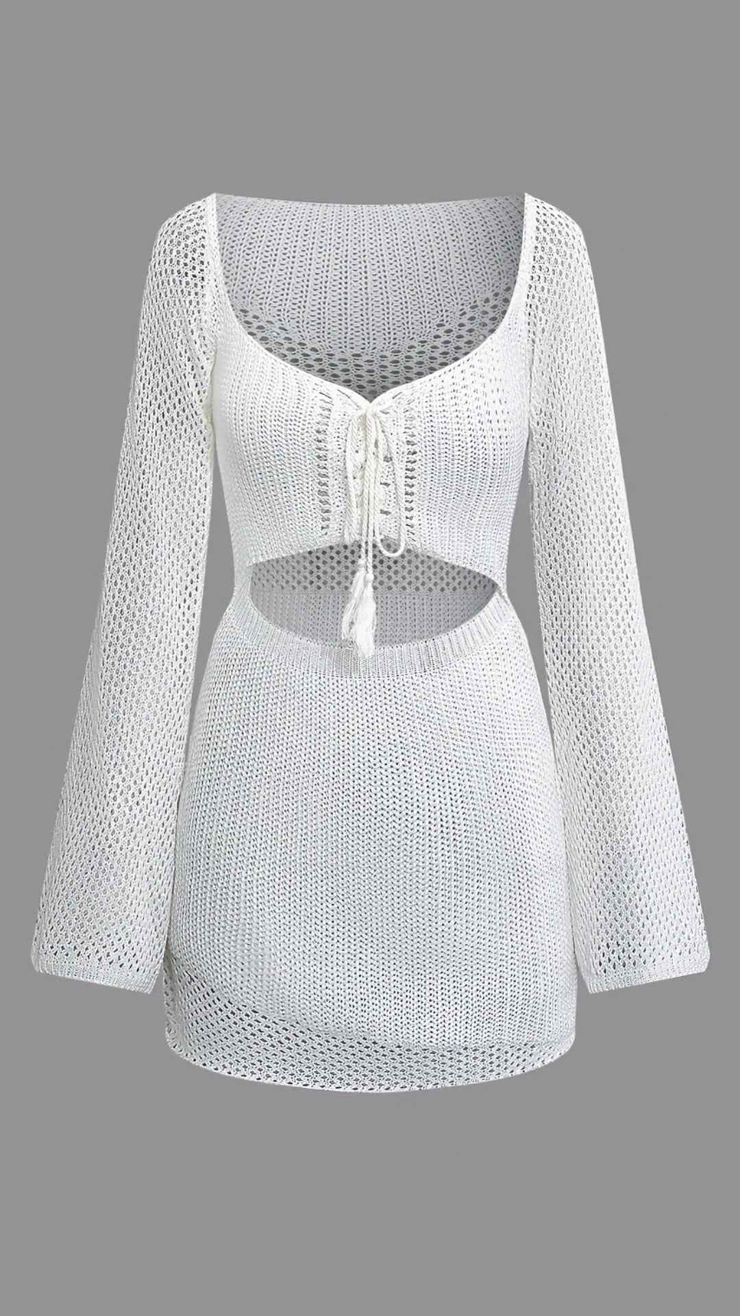 Vestido Curto de Tricô com Recorte na Cintura e Amarração no Decote – Zalilina