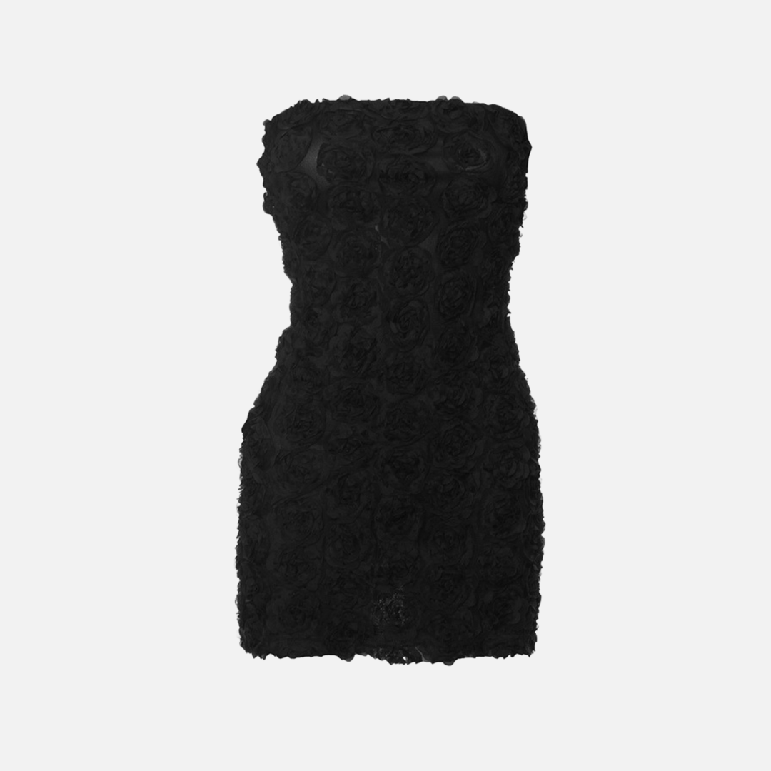 Vestido Curto de Festa Tomara que Caia com Textura Floral 3D em Tule – Nelinora