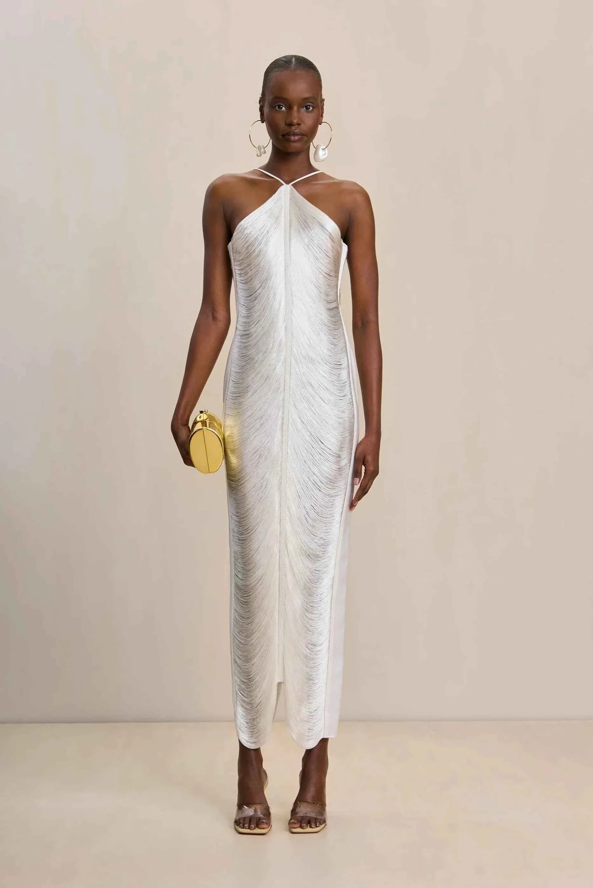 Vestido Longo de Festa com Franjas Metalizadas e Decote Halter Feminino – Amanora