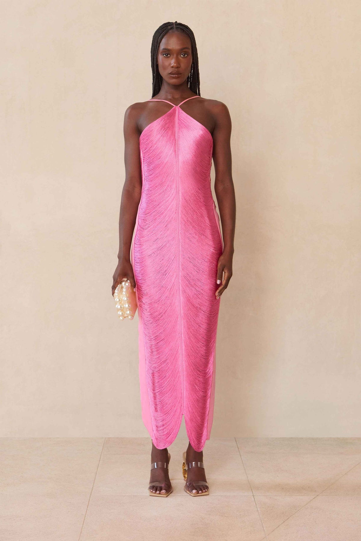 Vestido Longo de Festa com Franjas Metalizadas e Decote Halter Feminino – Amanora