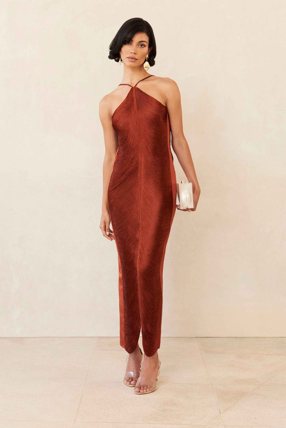 Vestido Longo de Festa com Franjas Metalizadas e Decote Halter Feminino – Amanora
