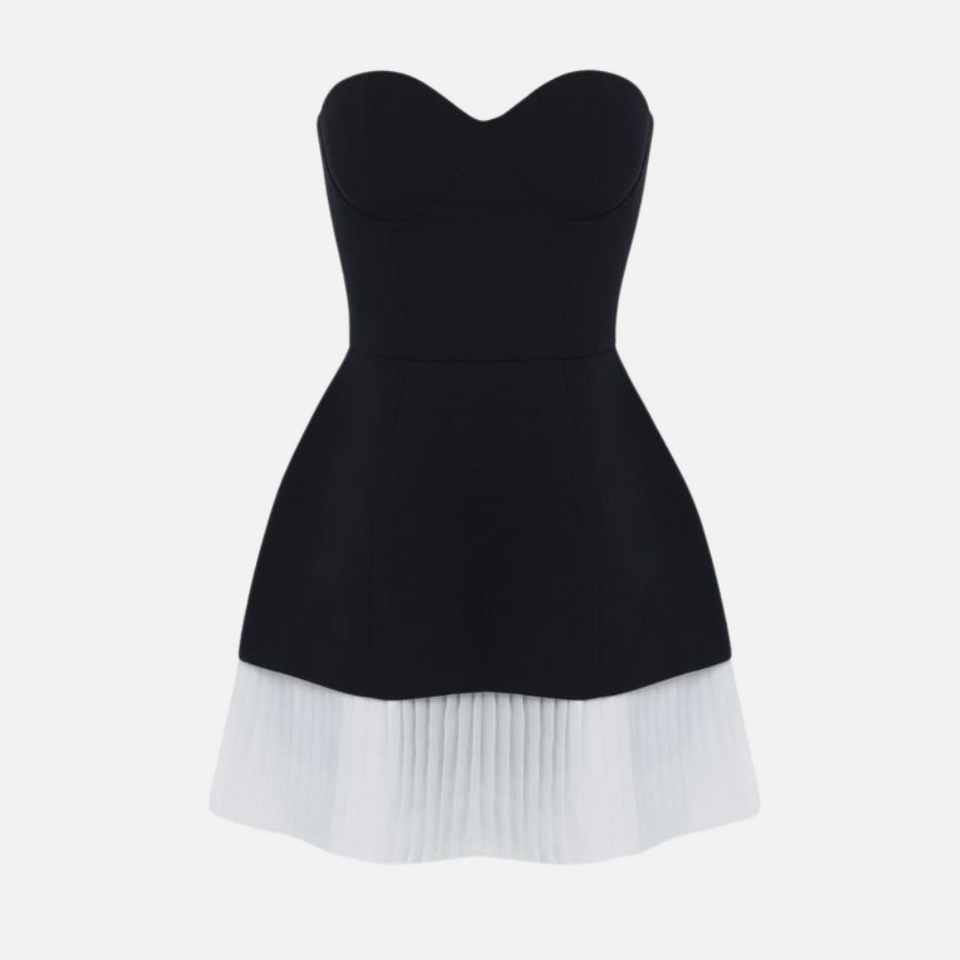 Vestido Curto Bicolor Tomara que Caia com Corpete Estruturado e Saia Plissada – Tianora