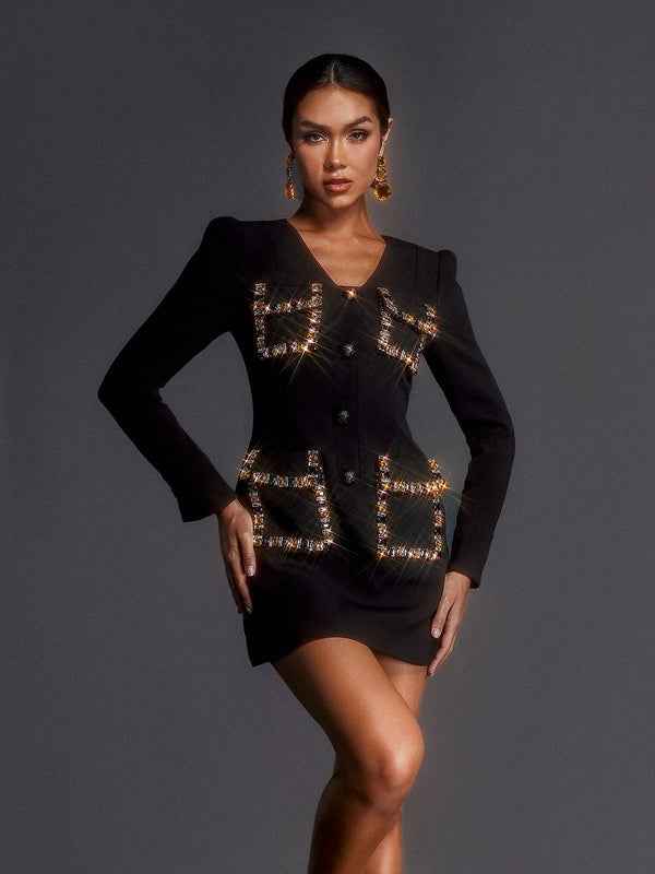 Vestido Curto de Festa Preto com Bordados Dourados e Decote V Profundo – Velanara