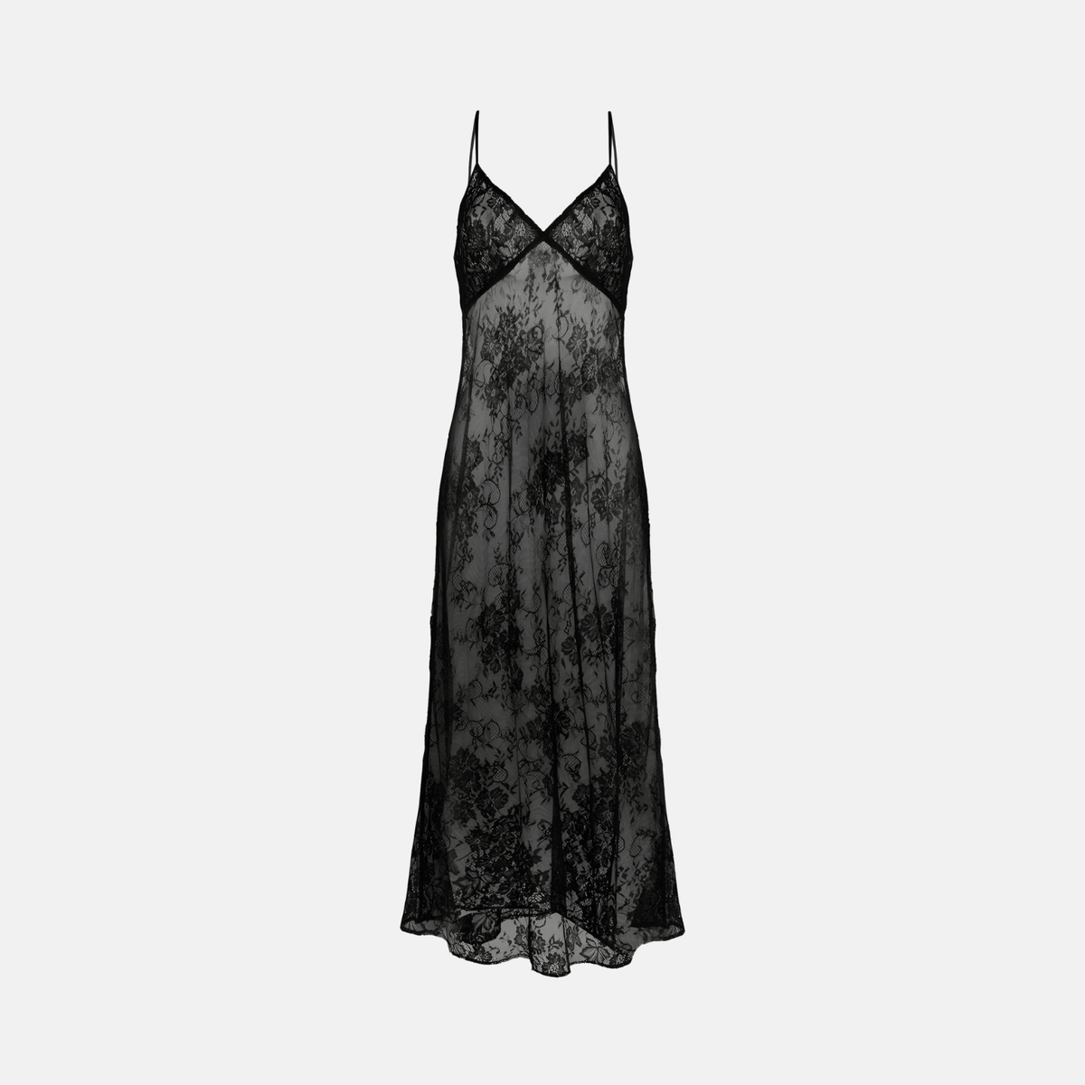 Vestido Longo de Renda Transparente com Alças Finas e Bordado Floral – Elalina