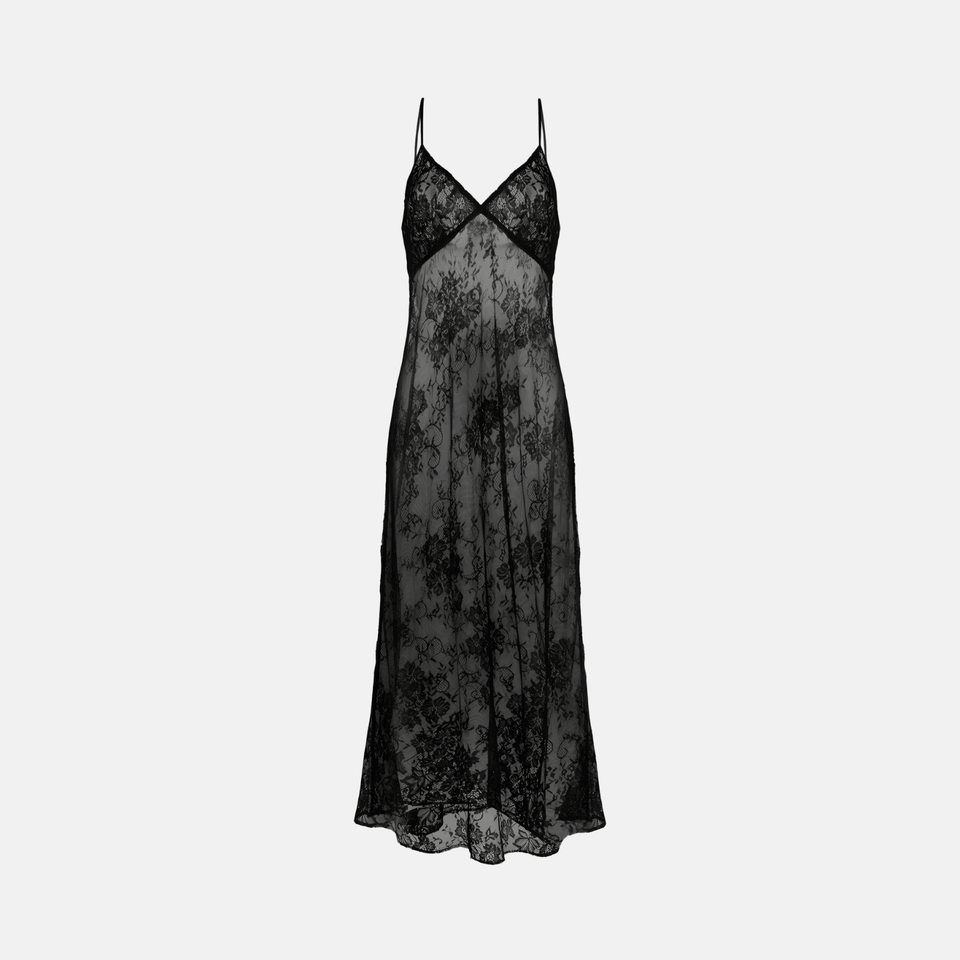 Vestido Longo de Renda Transparente com Alças Finas e Bordado Floral – Elalina