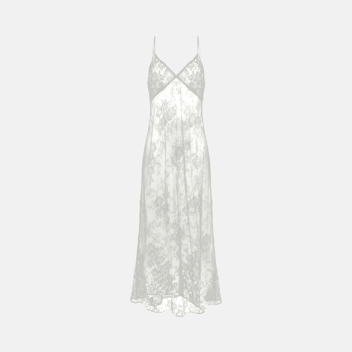 Vestido Longo de Renda Transparente com Alças Finas e Bordado Floral – Elalina