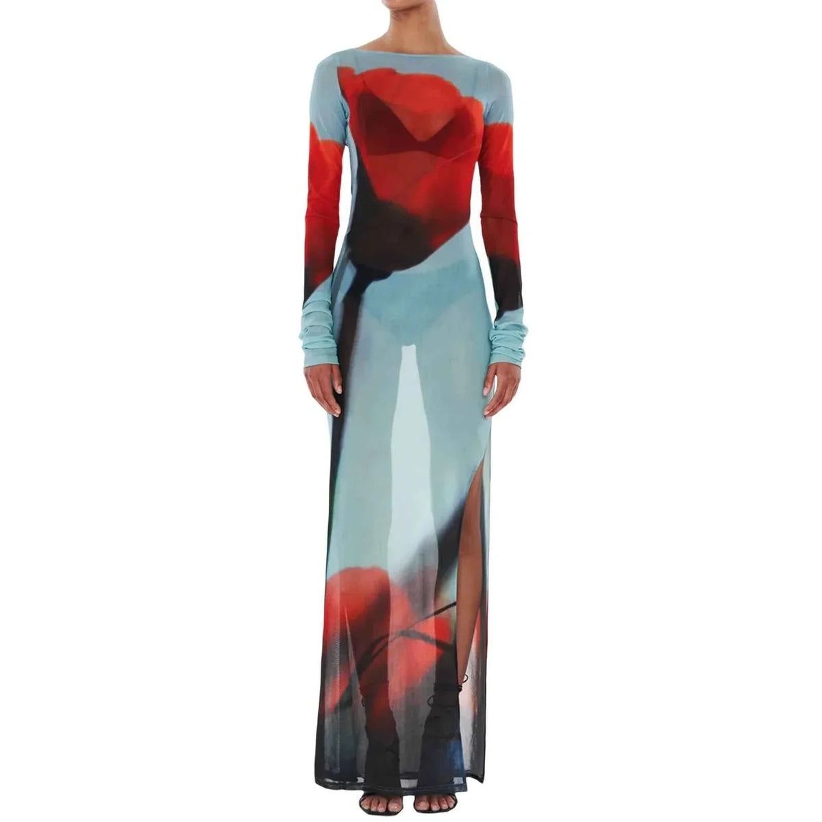 Vestido Longo de Tule Estampado com Gola Canoa e Manga Longa – Milalina