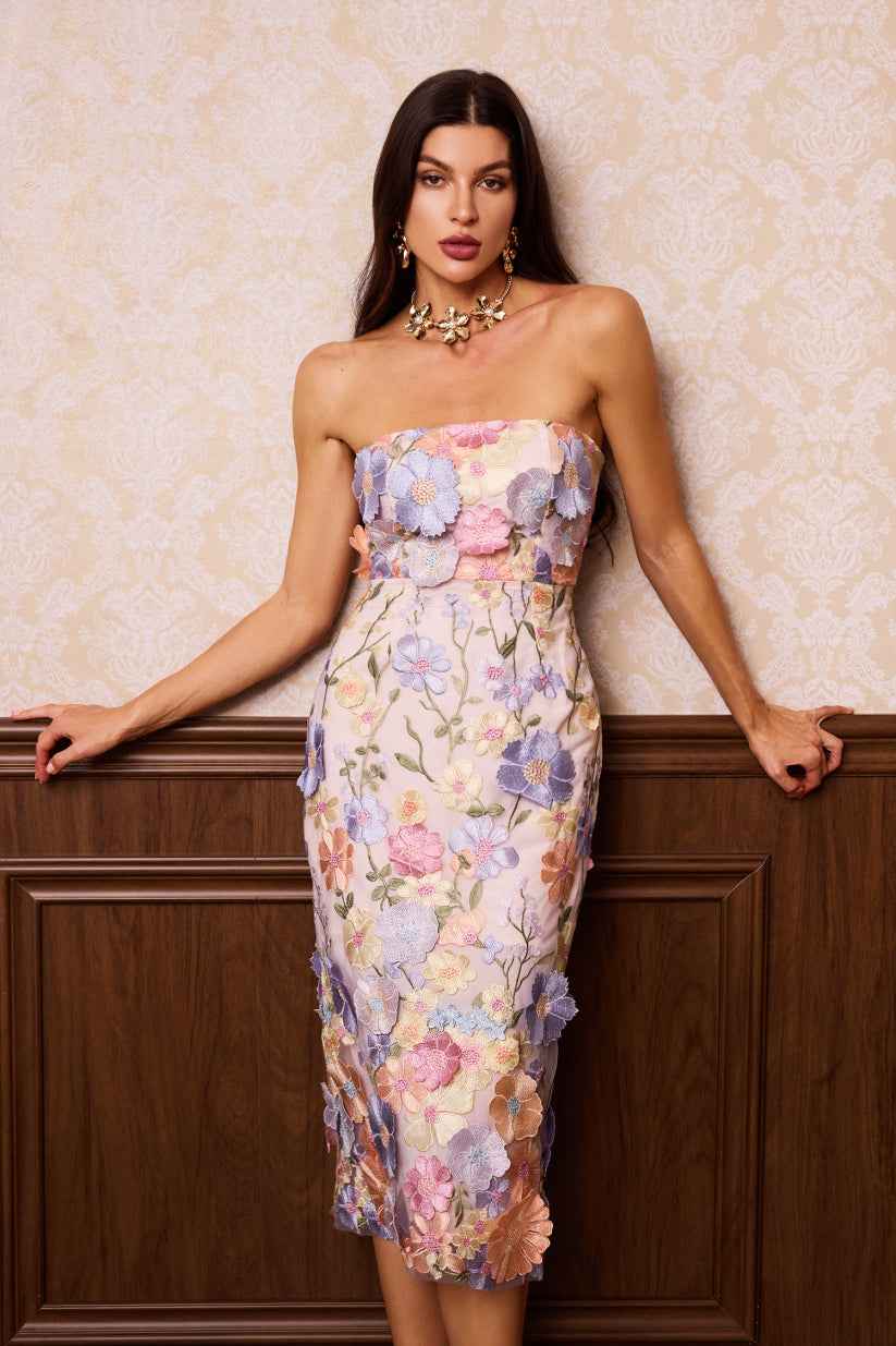 Vestido Midi de Festa Tomara que Caia com Bordado Floral 3D – Novanara