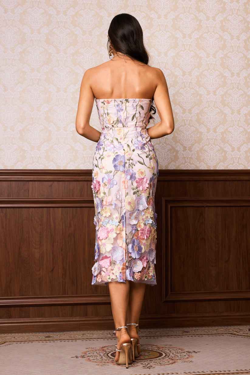 Vestido Midi de Festa Tomara que Caia com Bordado Floral 3D – Novanara