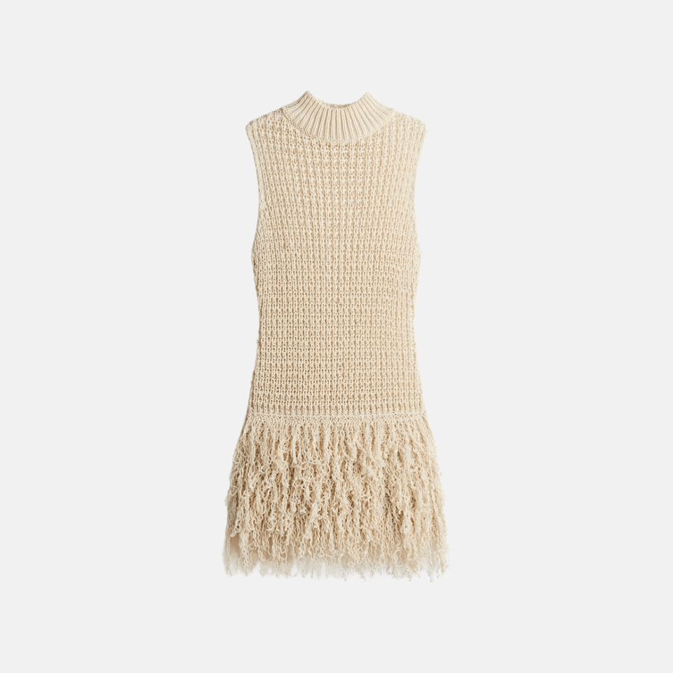 Vestido Curto de Crochê Artesanal com Franjas e Gola Alta – Ralinora