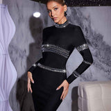 Vestido Curto de Festa Preto com Pedrarias Brilhantes e Manga Longa – Avarina