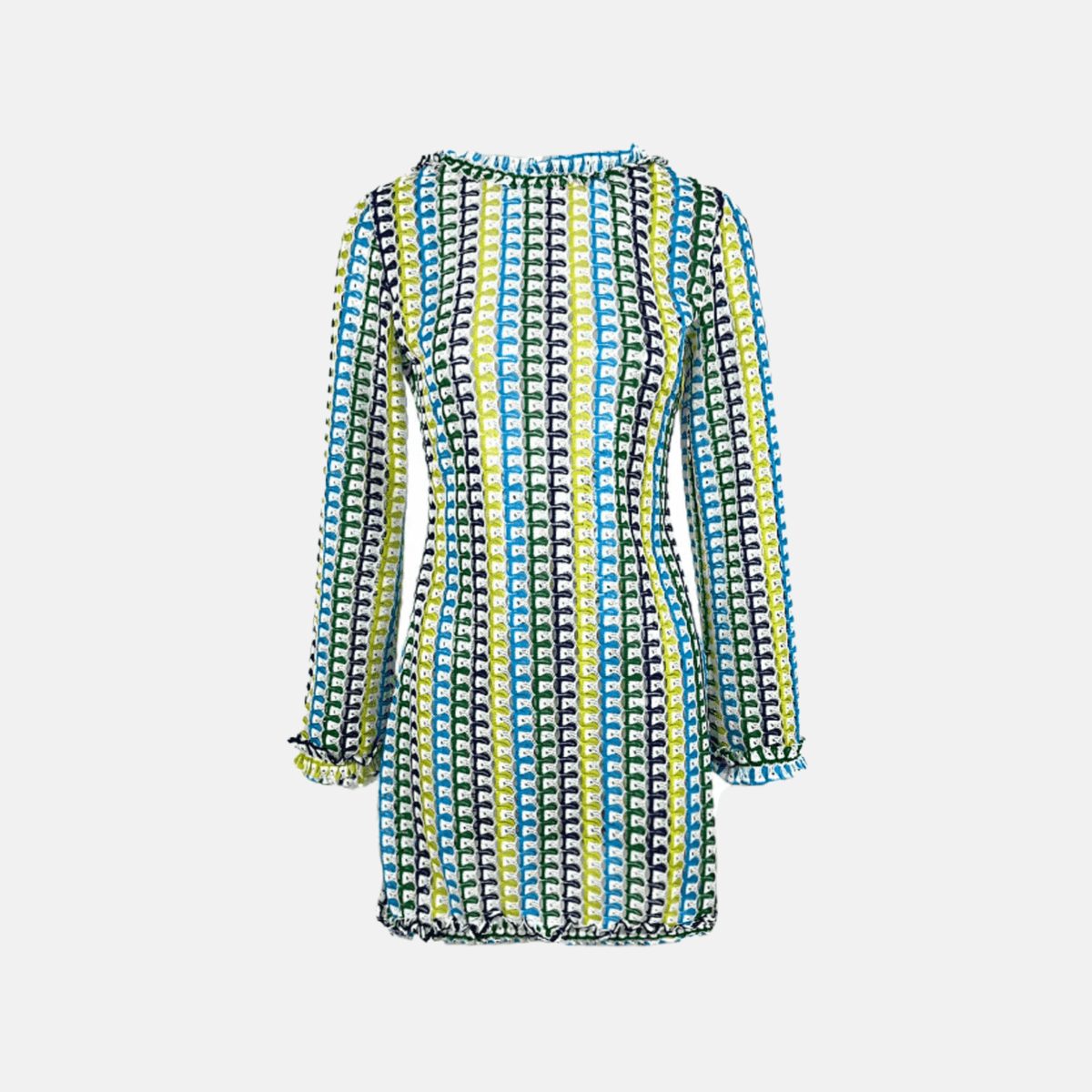 Vestido Curto de Tricô Estampado com Manga Sino e Decote Canoa – Dália