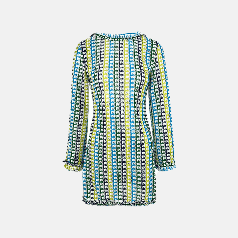 Vestido Curto de Tricô Estampado com Manga Sino e Decote Canoa – Dália