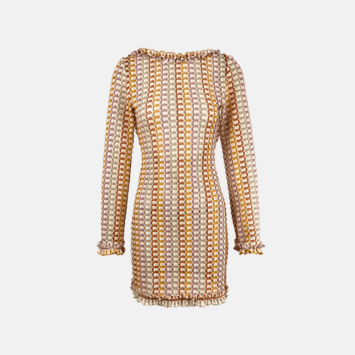Vestido Curto de Tricô Estampado com Manga Sino e Decote Canoa – Dália