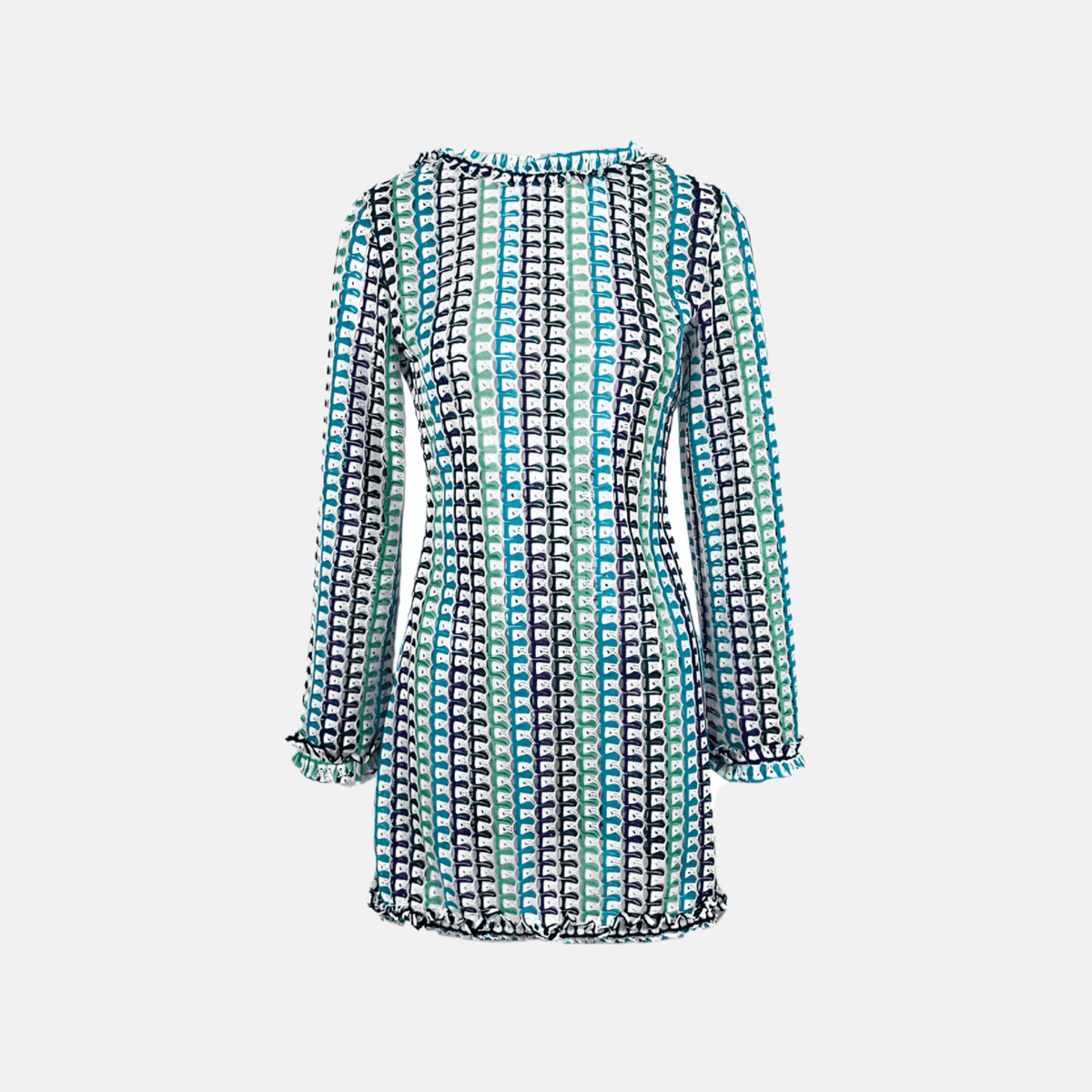Vestido Curto de Tricô Estampado com Manga Sino e Decote Canoa – Dália