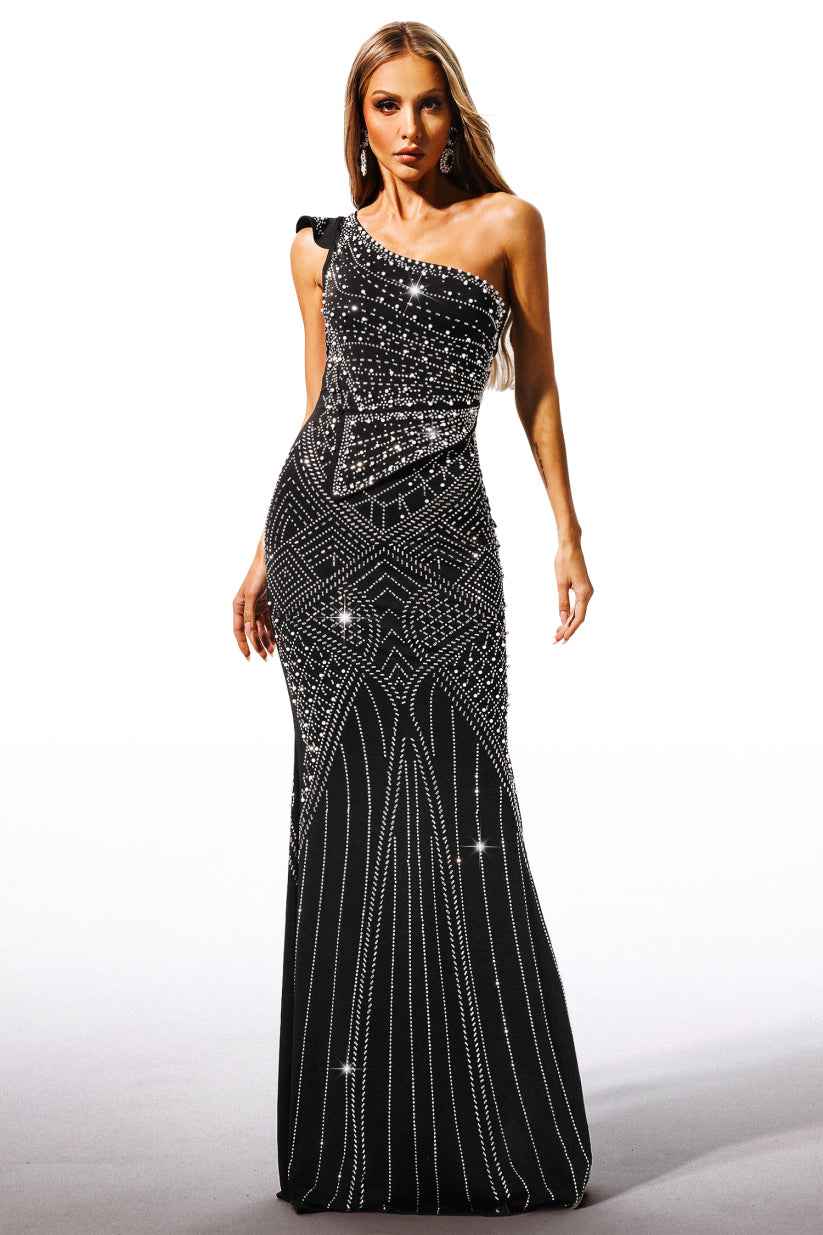 Vestido Longo de Festa Assimétrico Preto com Pedrarias e Bordado Geométrico – Olinara