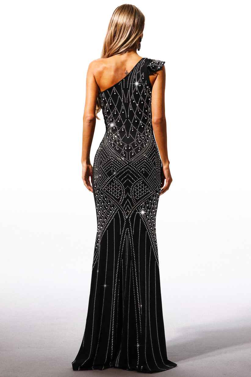 Vestido Longo de Festa Assimétrico Preto com Pedrarias e Bordado Geométrico – Olinara