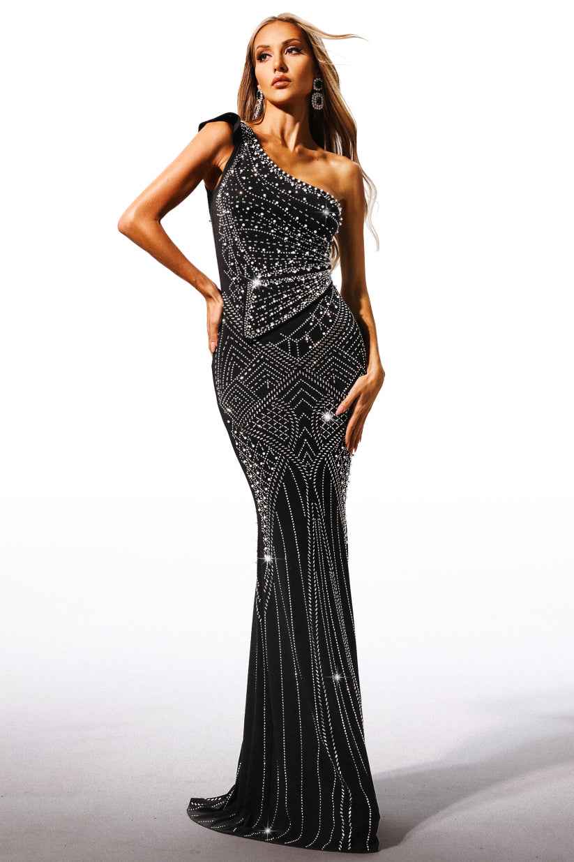 Vestido Longo de Festa Assimétrico Preto com Pedrarias e Bordado Geométrico – Olinara