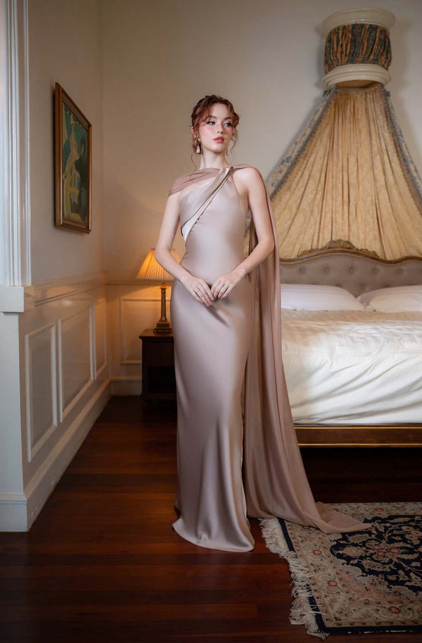 Vestido de Festa Longo Assimétrico Um Ombro Só com Capa – Violeta