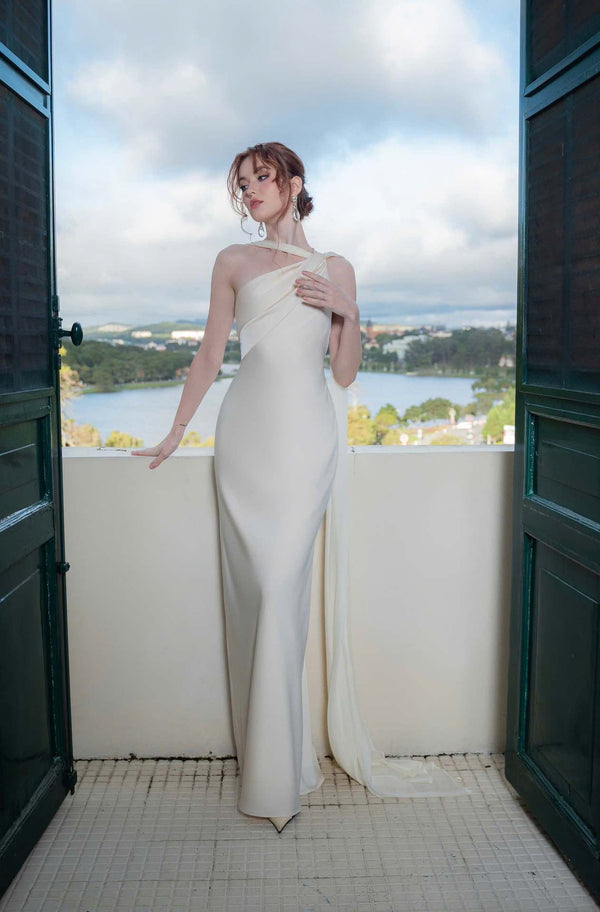 Vestido de Festa Longo Assimétrico Um Ombro Só com Capa – Violeta