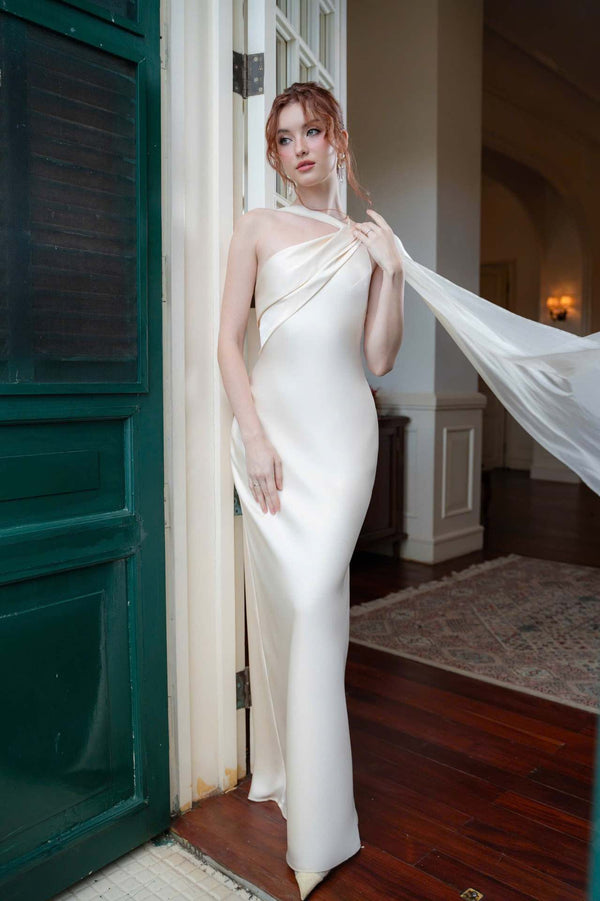Vestido de Festa Longo Assimétrico Um Ombro Só com Capa – Violeta