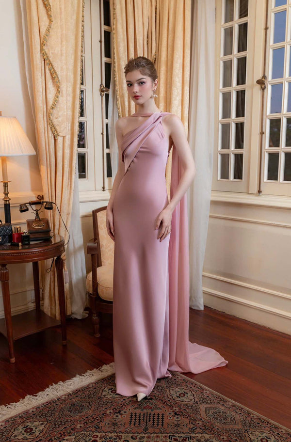 Vestido de Festa Longo Assimétrico Um Ombro Só com Capa – Violeta