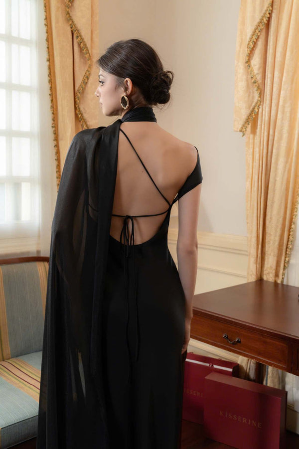 Vestido de Festa Longo Assimétrico Um Ombro Só com Capa – Violeta