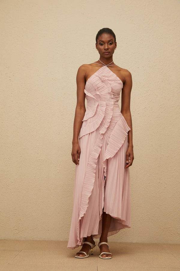 Vestido de Festa Longo Plissado Assimétrico com Babado Escultural – Vânia
