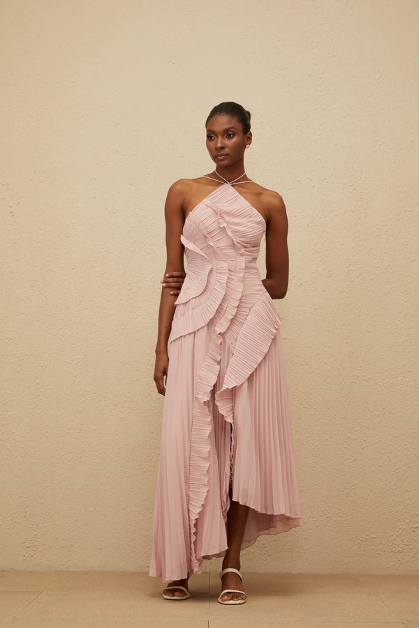Vestido de Festa Longo Plissado Assimétrico com Babado Escultural – Vânia