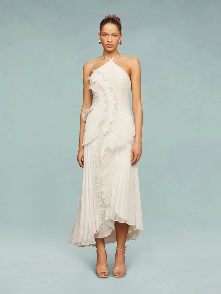 Vestido de Festa Longo Plissado Assimétrico com Babado Escultural – Vânia