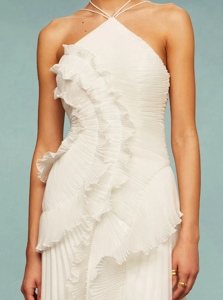 Vestido de Festa Longo Plissado Assimétrico com Babado Escultural – Vânia