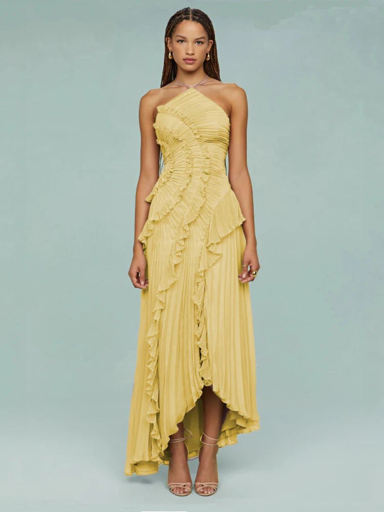 Vestido de Festa Longo Plissado Assimétrico com Babado Escultural – Vânia