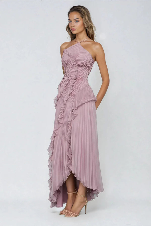 Vestido de Festa Longo Plissado Assimétrico com Babado Escultural – Vânia