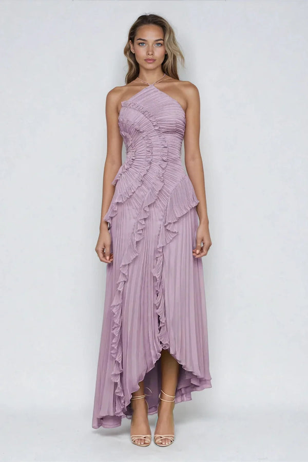 Vestido de Festa Longo Plissado Assimétrico com Babado Escultural – Vânia