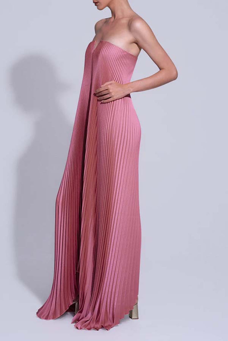 Vestido de Festa Longo Plissado Metalizado Tomara que Caia Evasê – Alilina