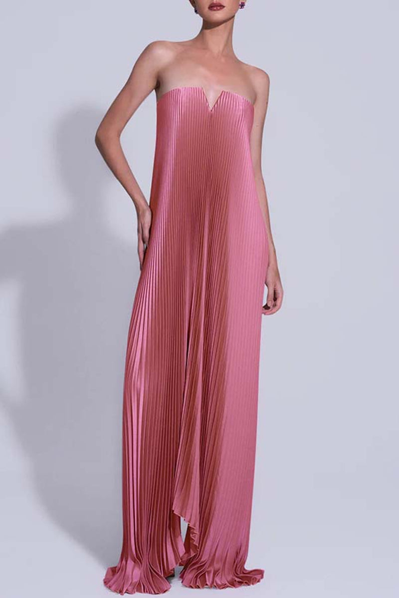 Vestido de Festa Longo Plissado Metalizado Tomara que Caia Evasê – Alilina