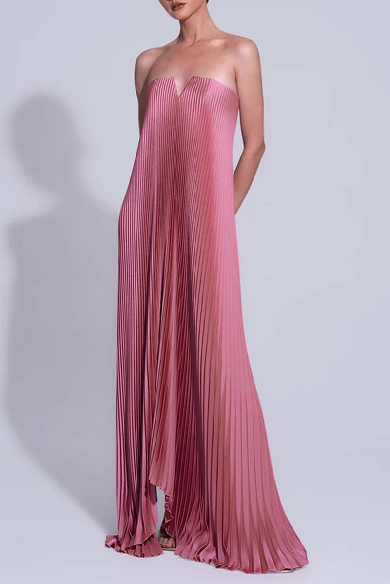 Vestido de Festa Longo Plissado Metalizado Tomara que Caia Evasê – Alilina