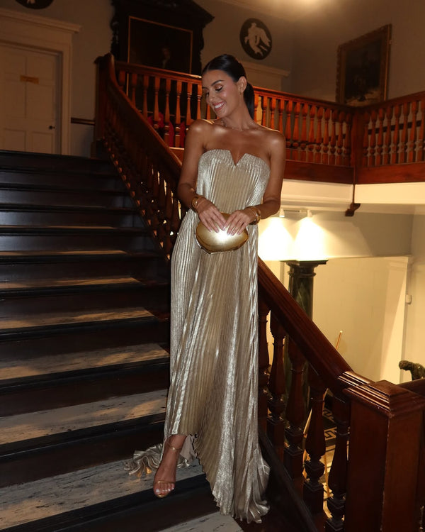 Vestido de Festa Longo Plissado Metalizado Tomara que Caia Evasê – Alilina