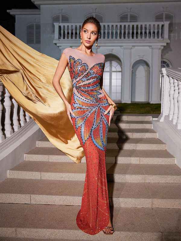 Vestido de Festa Longo Vermelho Bordado à Mão com Transparência e Pedrarias – Tianira